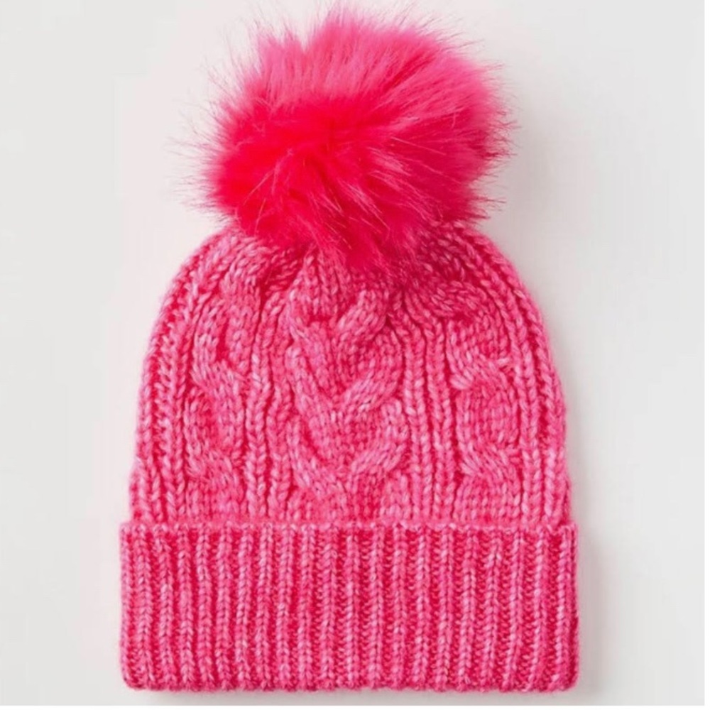 LOFT NWT Cable Pom Pom Beanie - Bright Pink Rose